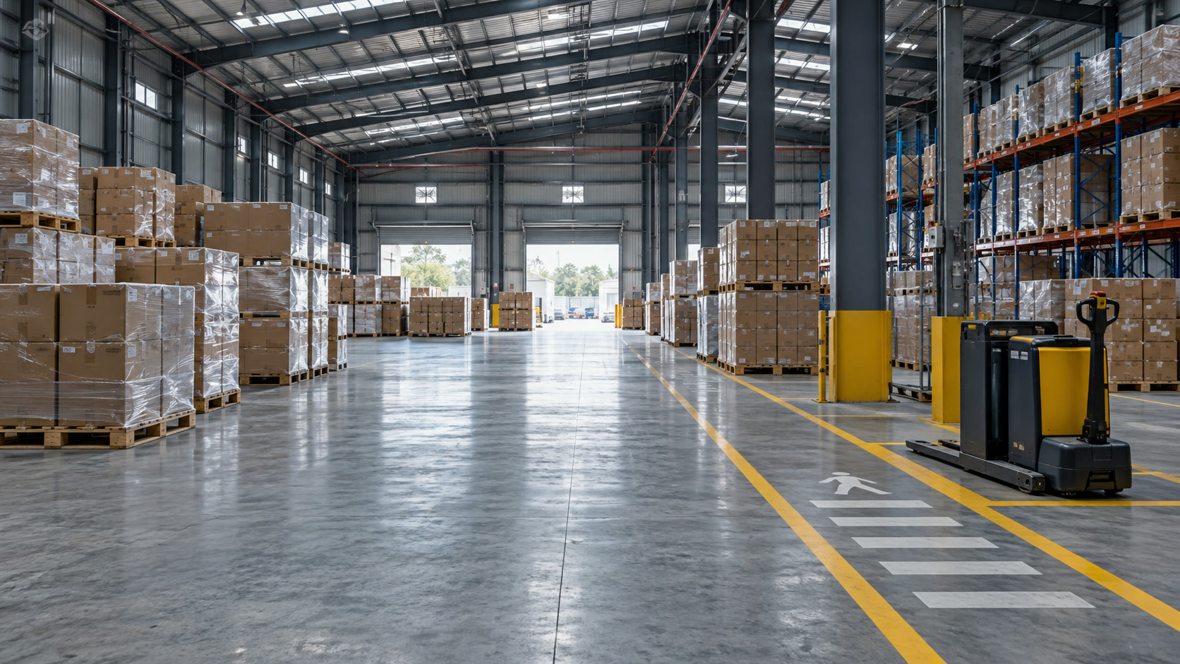 The floor of a warehouse, seen along its length.