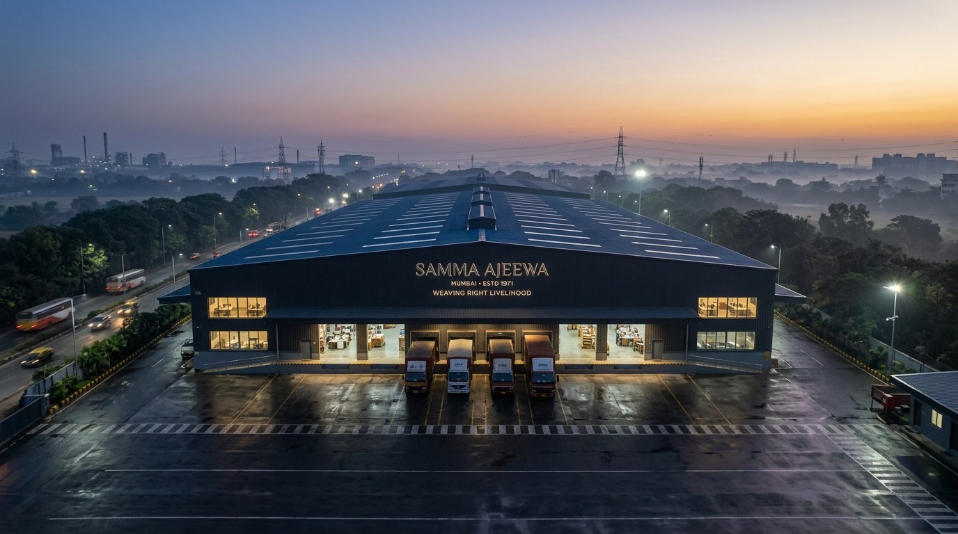 A warehouse park at dawn under the Samma Ajeewa name, established 1971, trucks backed into the docks.